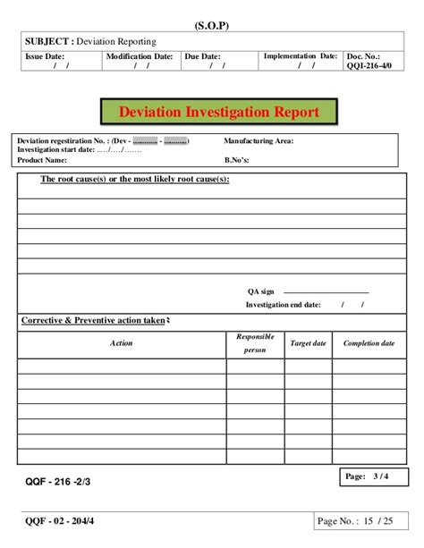 pharmaceutical deviation report template